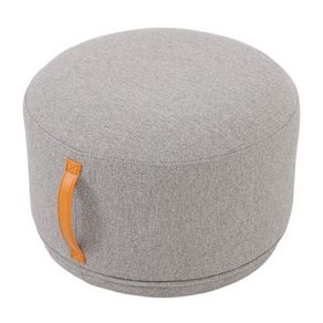 1 Puff Rendondo Lounge Rivatti 35 cm -Altura- Estofado Tecido Cinza Detalhe PU Marrom Repelente a Agua